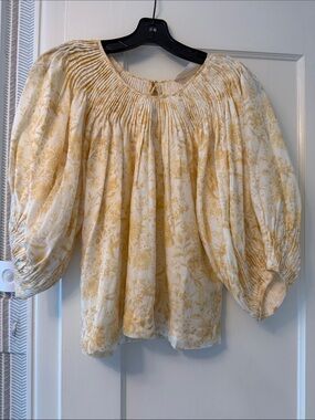 Loeffler Randall Smocked Neck Floral Peasant Blouse - Yellow